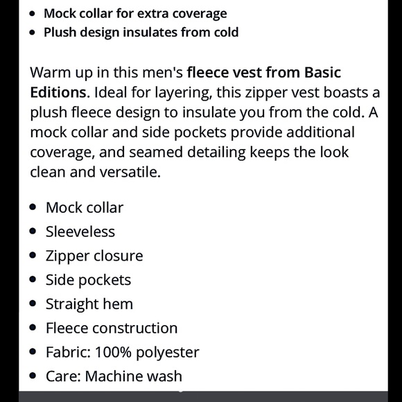 Black Fleece Pocket Zipper Basic Editions Vest - Picture 3 of 5